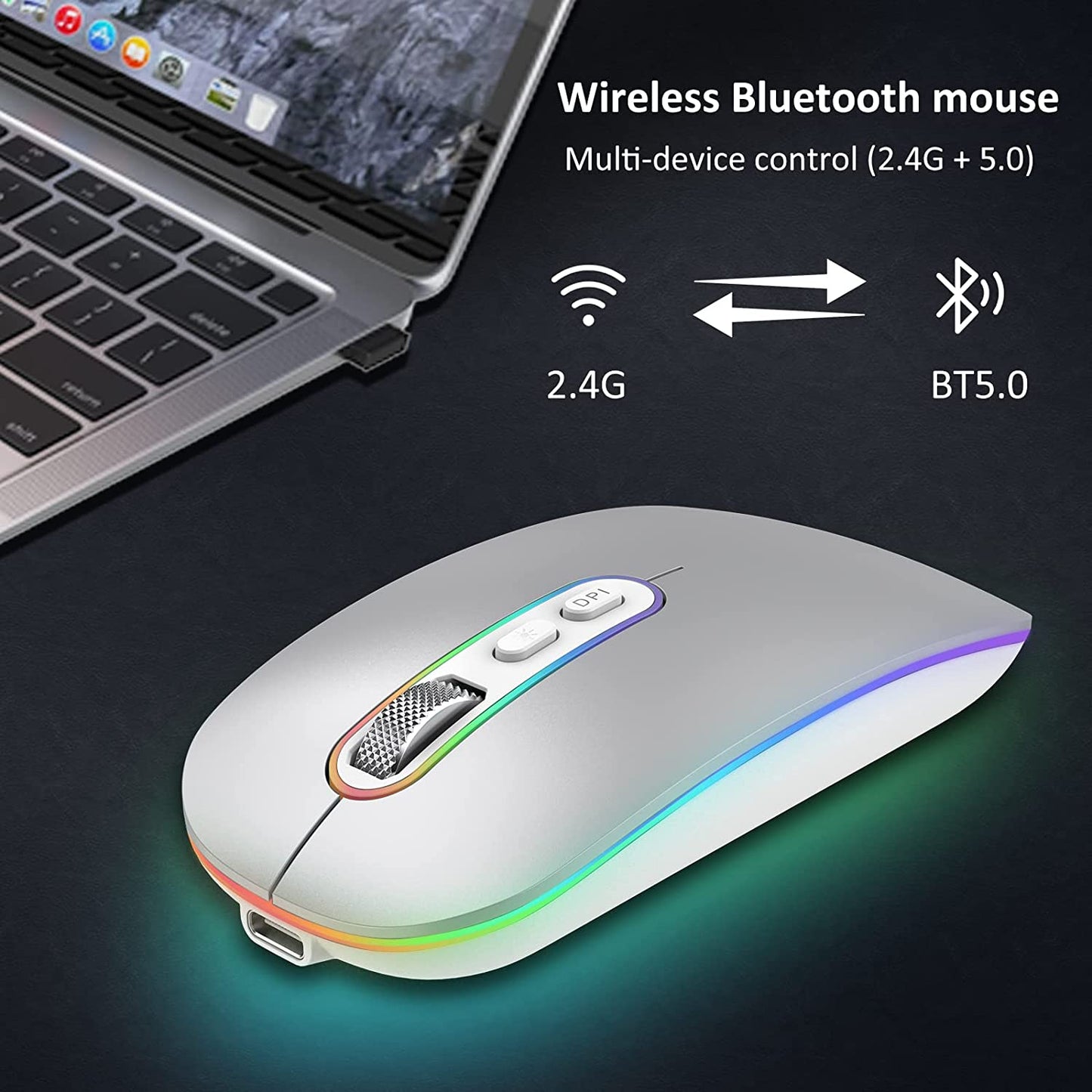 Rechargeable Wireless Mouse, 2.4G & Bluetooth Mouse for Laptop Slim Silent Mouse Ergonomic Cordless Design with USB Nano Receiver & 1600 DPI