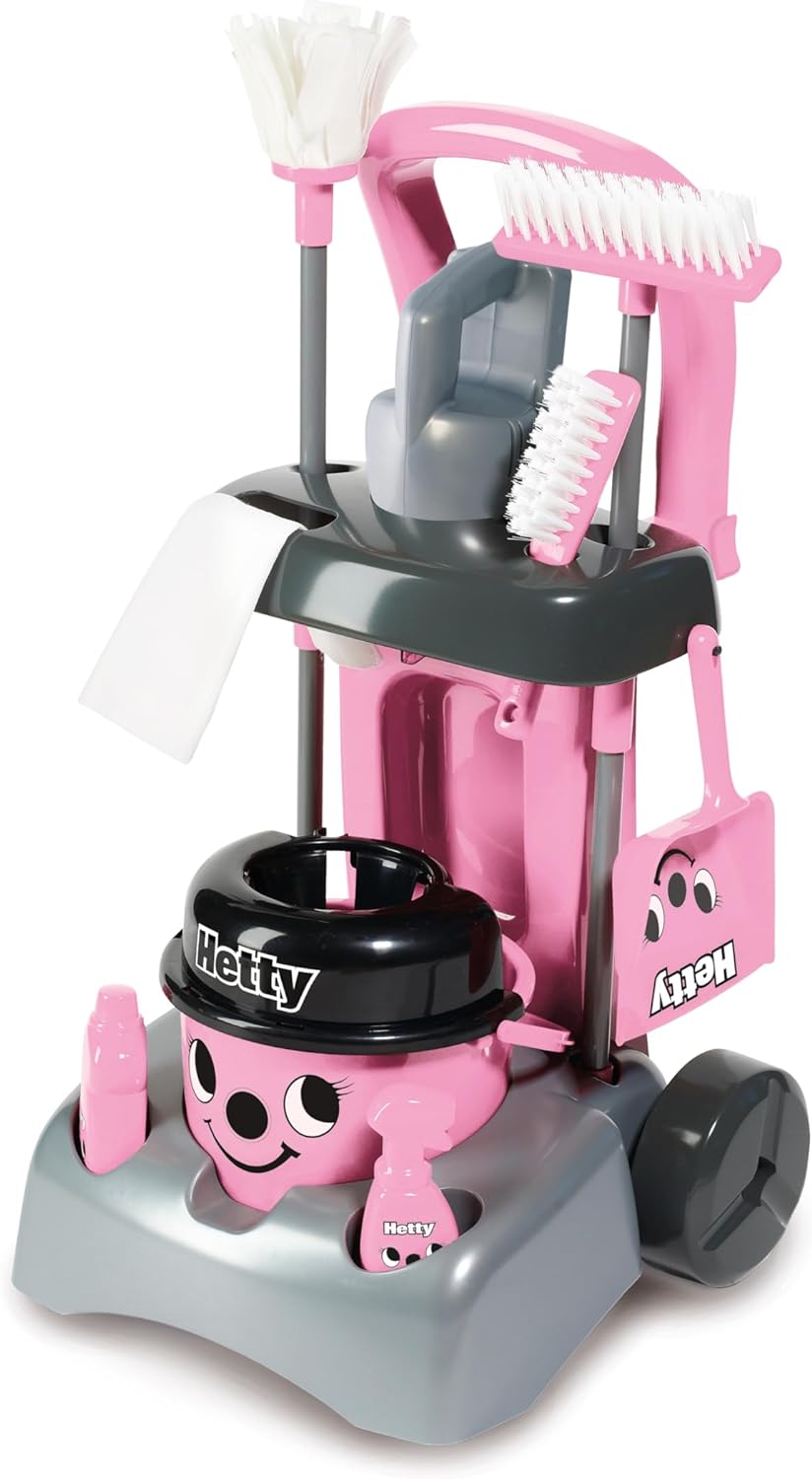 Casdon Henry & Hetty Toys - Hetty Deluxe Cleaning Trolley - Pink Hetty-Inspired Toy Playset with Working Hand Vacuum - Kids Cleaning Trolley Set with Accessories - For Children Aged 3+