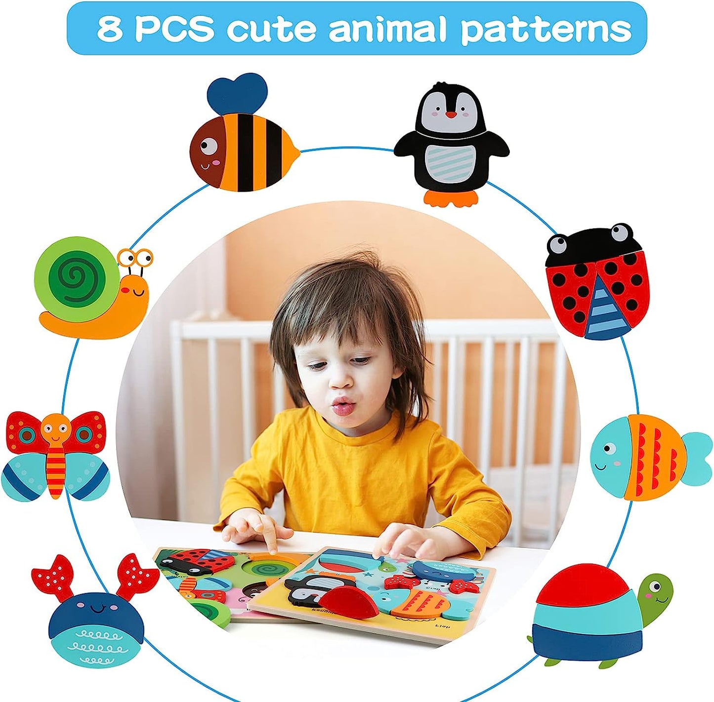 Jacootoys Wooden Toys Animal Puzzles Chunky Ocean Animal Jigsaws for Toddlers 1 2 3 Year Old Boys Girls Kids Preschool Early Educational Learning Toy Gift