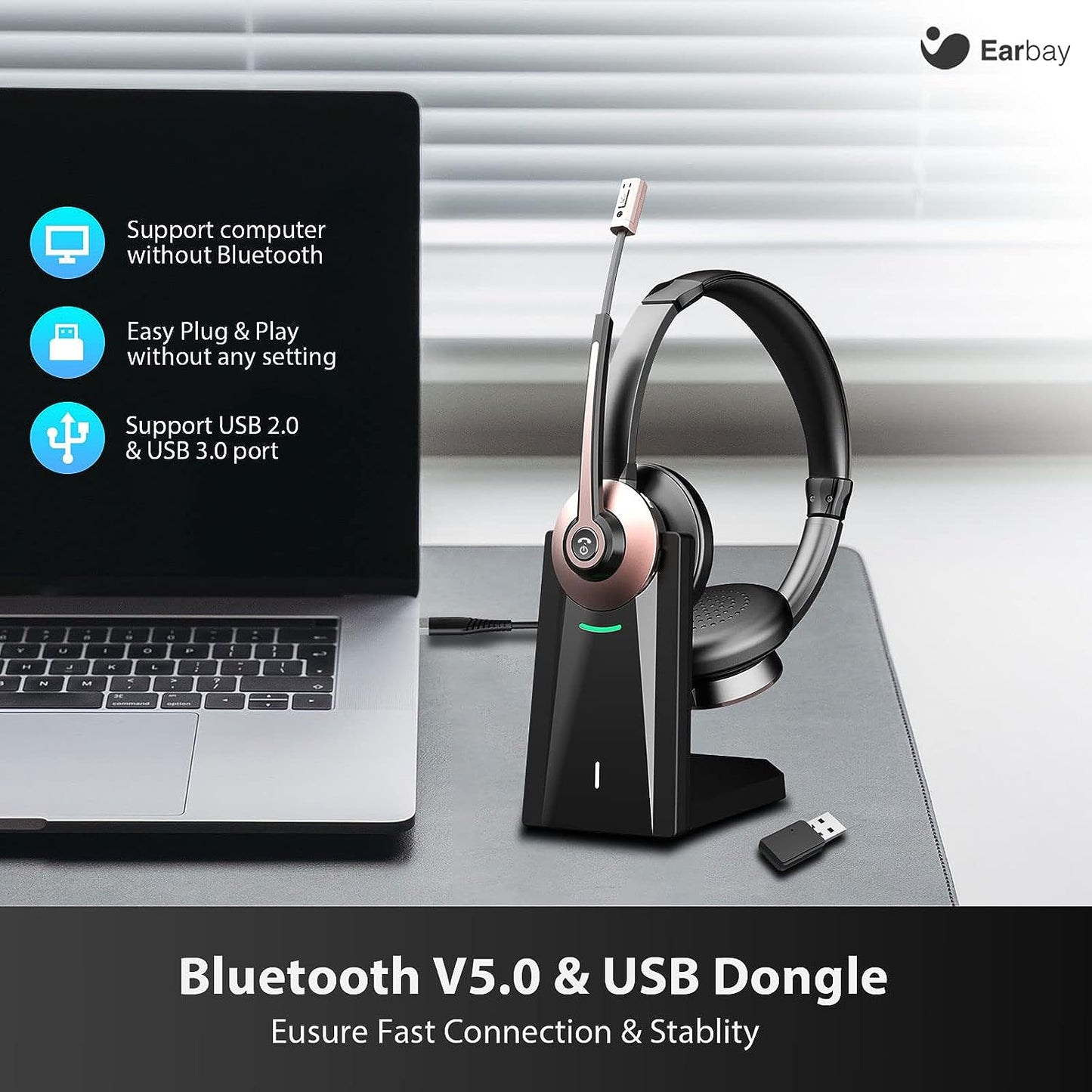 Earbay Wireless headset, Bluetooth Headset with Microphone Noise Cancelling & Charging Dock, PC Headphones with Microphone & USB Dongle