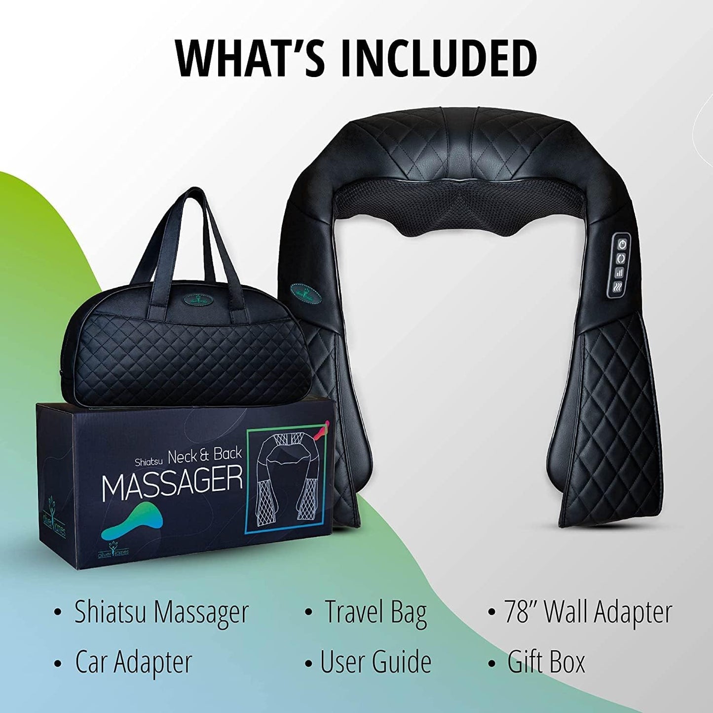 Oliver James Shiatsu Back, Neck and Shoulder Massager - Neck Massager for Neck Pain - Back Massager with Heat - Muscle Tension Relief - Shoulder Massager with Travel Bag and Car Adapter