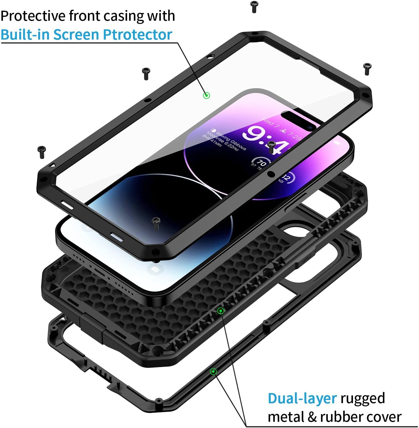 Lanhiem for iPhone 14 &amp; 14 Pro Case Heavy Duty Shockproof Cover Tough Armour Metal Case with [Tempered Glass Screen Film], 360 Full Body Protective Case Cover for iPhone 14 &amp; 14 Pro Case - Black