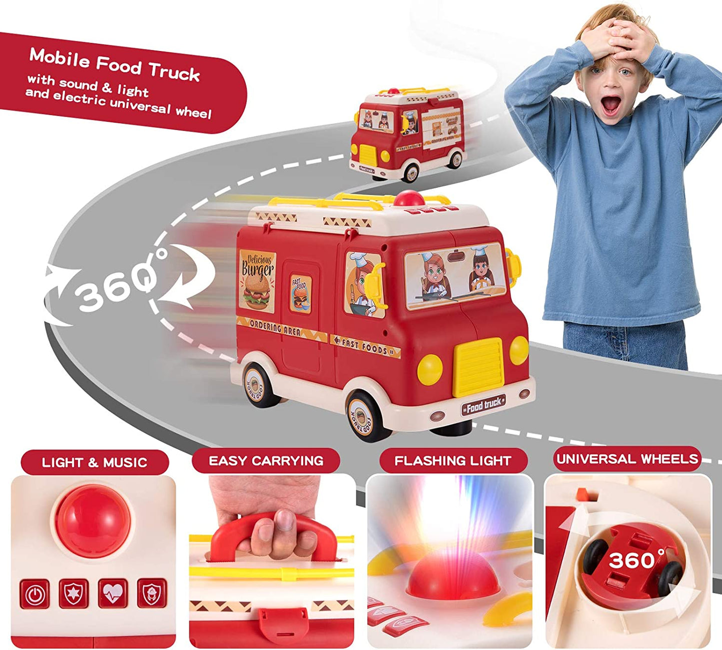 Tovol Zerky Food Truck Toy for Kids, Food and Doll Pretend Play Toy with Musical Voice Changer Megaphone, Street Food Playset with Sound and Light Vehicle for Kid Girl Boy 3,4,5,6 Years Old