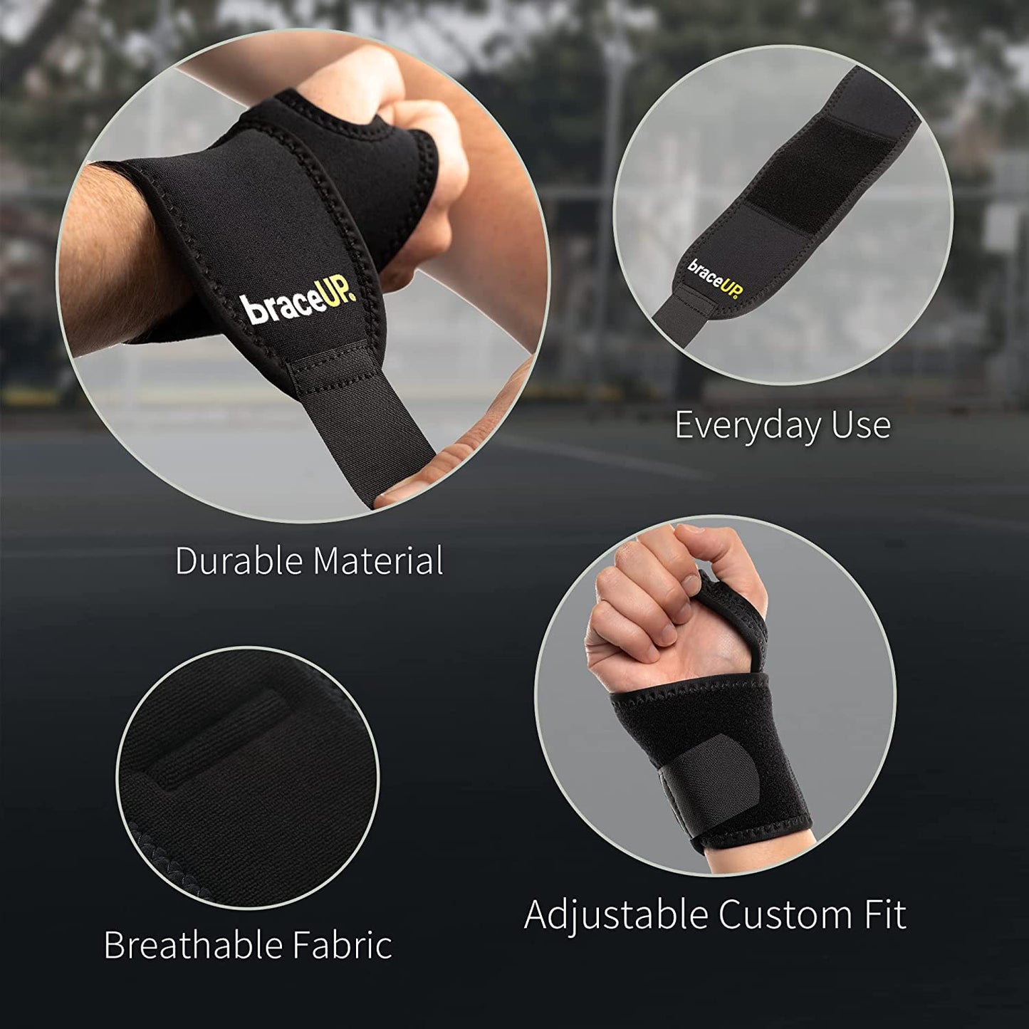 Adjustable Wrist Wrap by BraceUP for Men and Women - Workouts Wrist Band, Carpal Tunnel Compression Wrist Brace, Tendonitis Wrist Splint, Left Right Hand One Size Adjustable (Black)