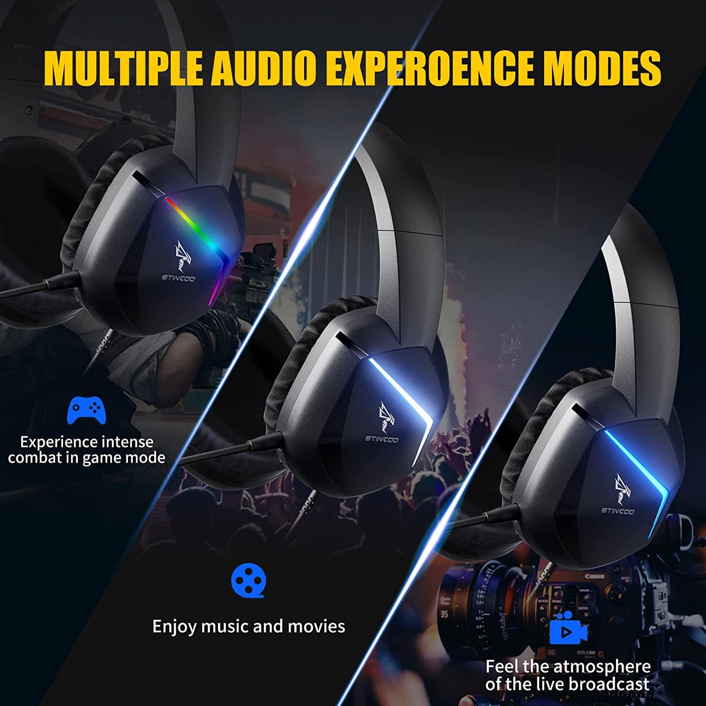 Wireless Gaming Headset 2.4G  for PS4, PS5, PC, with Detachable Mic and RGB Rainbow LED, Surround Sound, Bass, Over Ear Headphone with Game/Audio/Live Broadcast Sound Mode, Wireless/Wired Use SOMiC