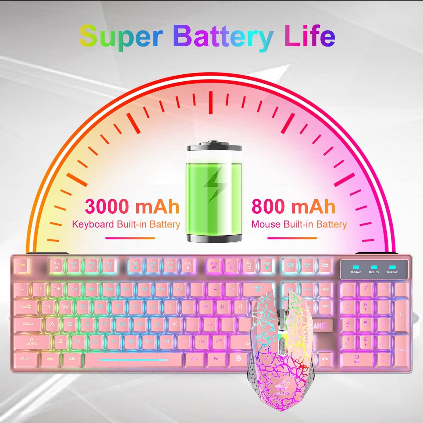 Wireless Keyboard Mouse Combo Rainbow Backlit 2.4G Rechargeable 3000mAh Battery 104 Keys Gaming Keyboard + 2400DPI 6 Buttons Optical Rainbow LED Gaming Wireless Mouse + Mouse Pads for PC Laptop