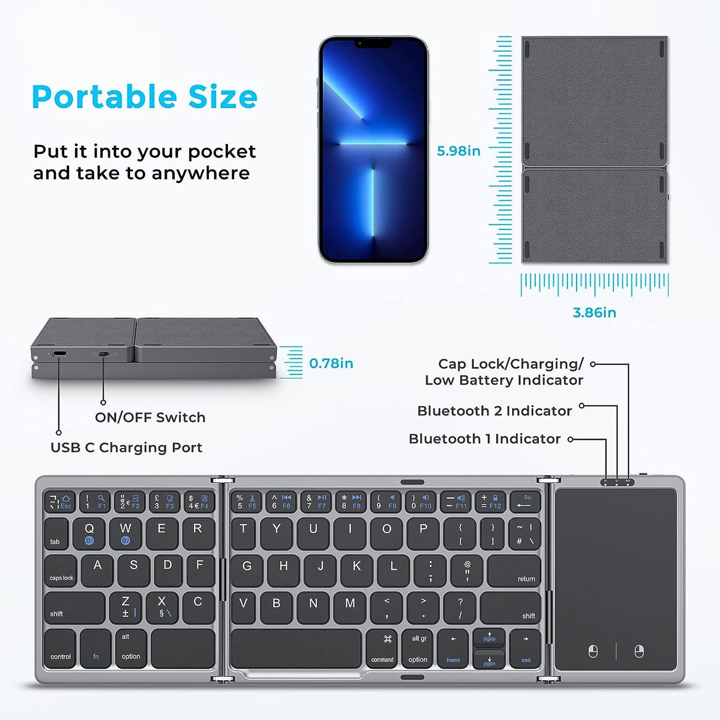 Seenda Foldable Bluetooth Keyboard with Touchpad, Rechargeable keyboard UK layout Mini keyboard for IOS Android Windows PC Tablet Smartphone (Leather Version)