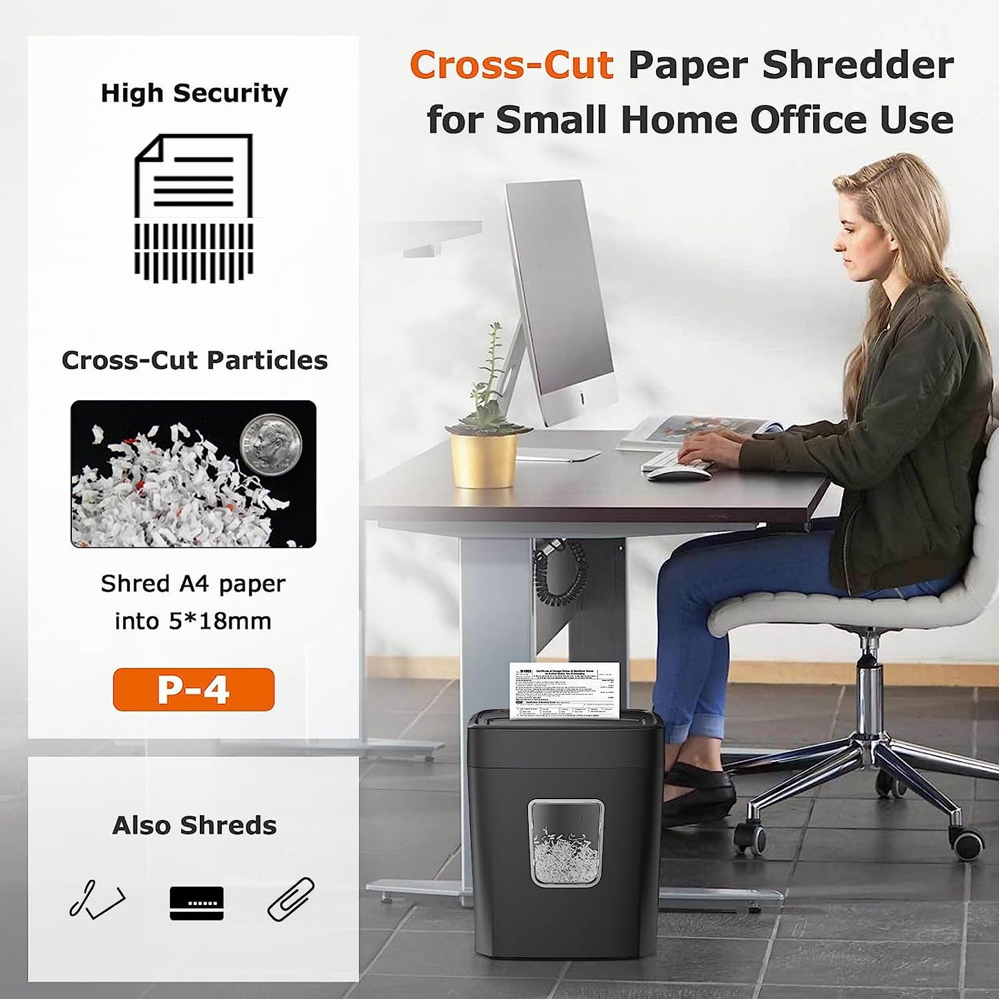 Bonsaii 8 Sheet Cross Cut Paper Shredder, Shredder Shred Credit Cards/Staples/Clips for Small Home Office Use, Portable Handle Design with 16L Wastebasket (C261-C)