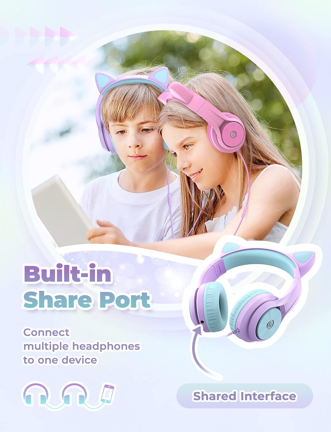 iClever Kids Headphones with Microphone, Cat Ear Led Light Up, HS20 Wired Headphones Share port 94dB Volume Limited, Foldable