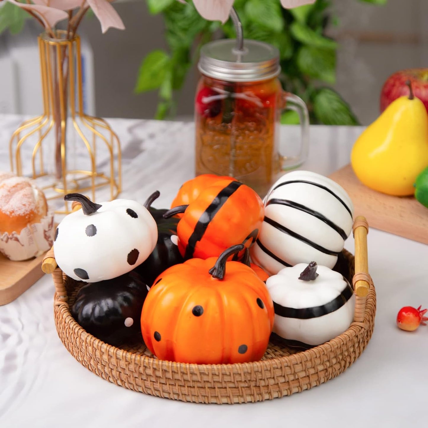 VGOODALL Halloween Pumpkins Decoration Sets, 9 PCS Dotted Black White Orange Pumpkins Halloween Party Packs Style for Office Home Bedroom Garland Table Yard Centrepieces Décor Gift