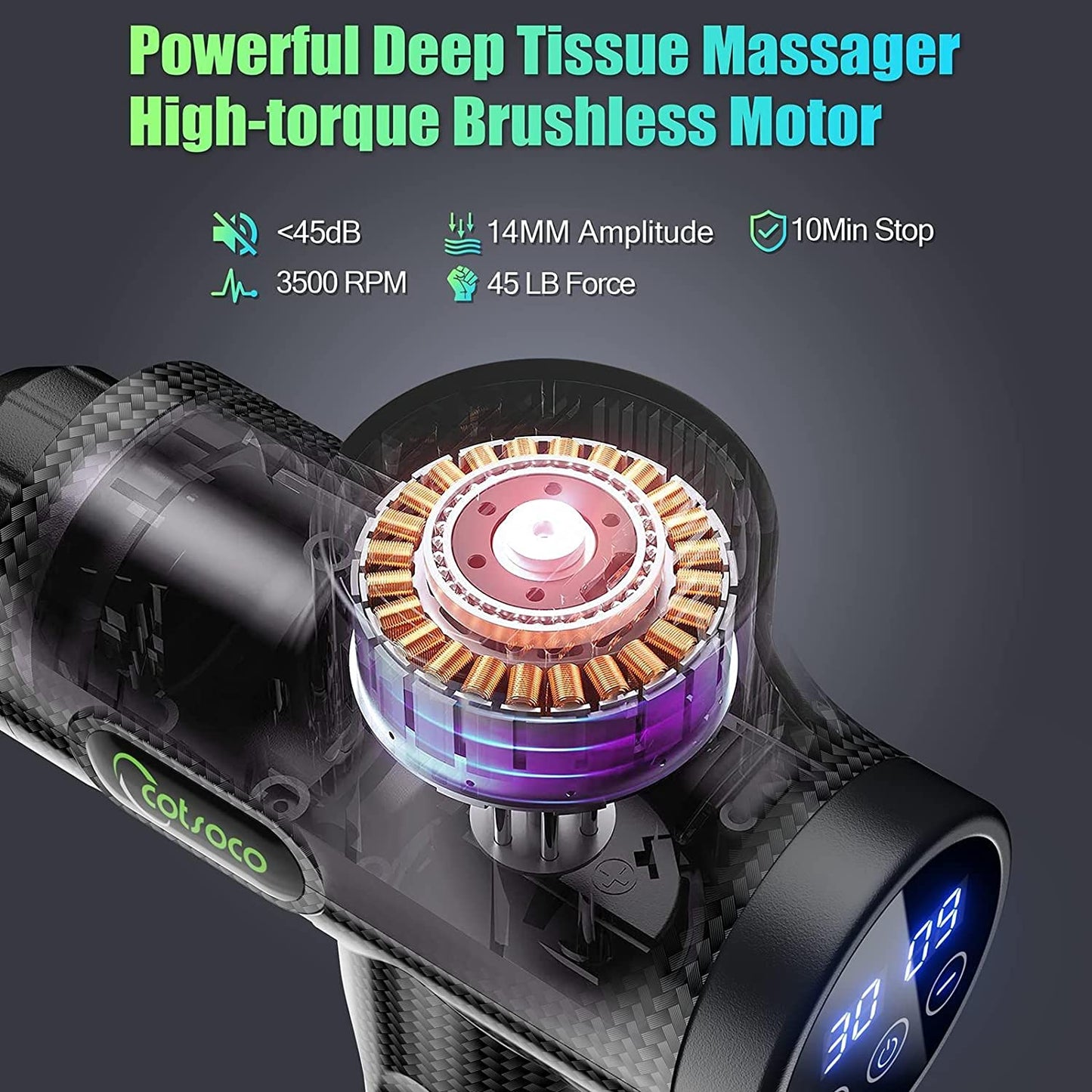 Massage Gun, COTSOCO Massage Gun Deep Tissue for Back ,Neck and Shoulder,30 Speeds Quiet Muscle Massage Gun with 10 Massage Heads, Handheld Powerful Massager for Muscle Pain Relief, Carbon