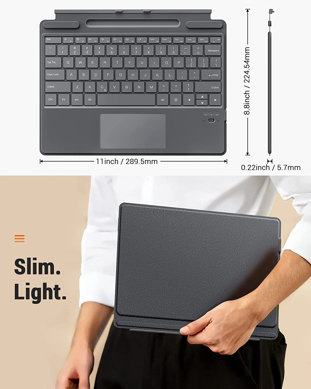 MoKo Type Cover Keyboard for Microsoft Surface , Pro 9 & Pro 9 13" 2022 / Pro 8 2021 / Pro X Lightweight Ultra-Thin Bluetooth Rechargeable Keyboard with Sensitive Trackpad, Wireless QWERTY Keyboard