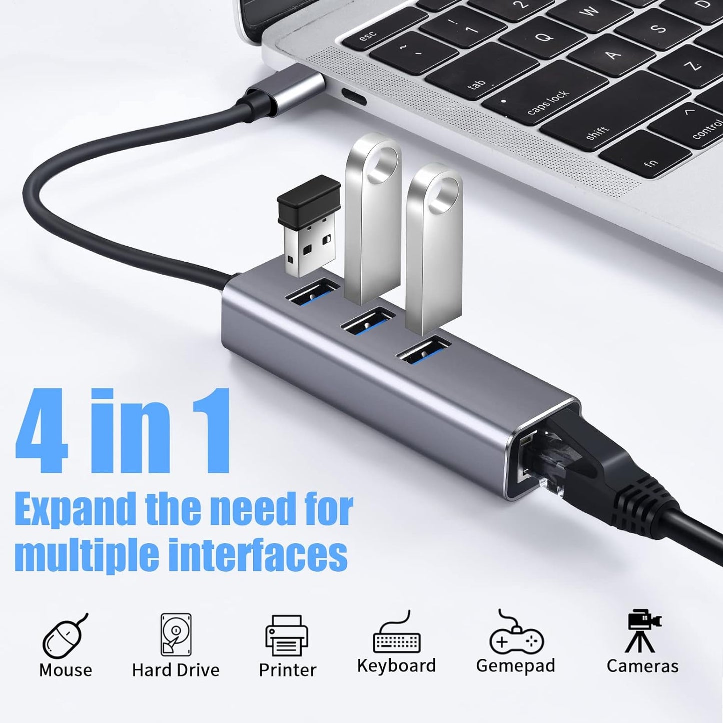 USB C to Ethernet Adapter 3 Port USB 3.0 Hub with RJ45 10/100/1000 Gigabit Ethernet 4in1 Compatible for MacBook Pro 2021/2020/2019/2018/2017, MacBook Air, Dell XPS and More