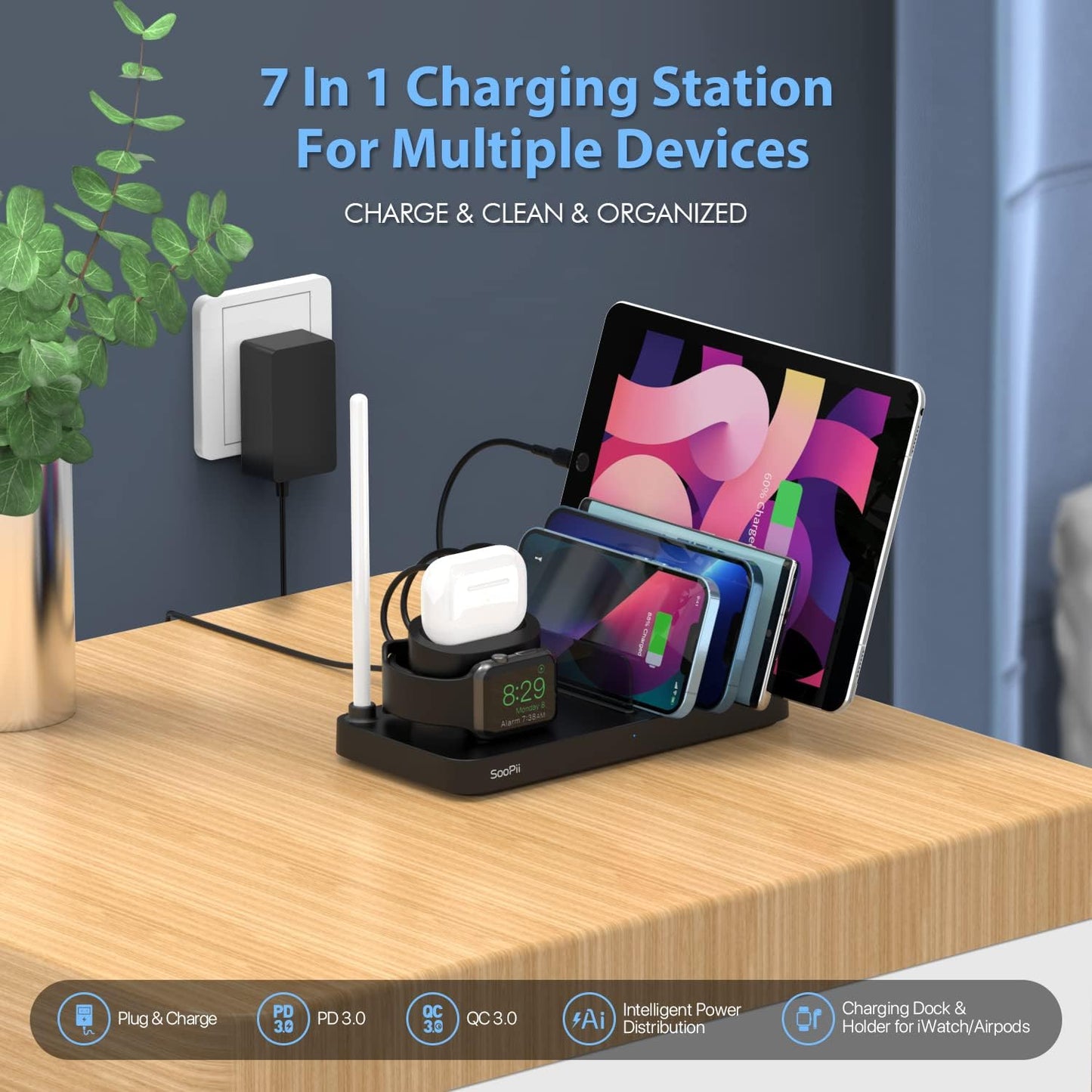 SooPii Charging Station for Multiple Devices,7 in 1 Charging Dock with PD & QC3.0 Fast Charging Port, USB Charger Station Compatible with iPhone/Tablets/Air-Pods/iWatch,5 Short Cables Included (Black)