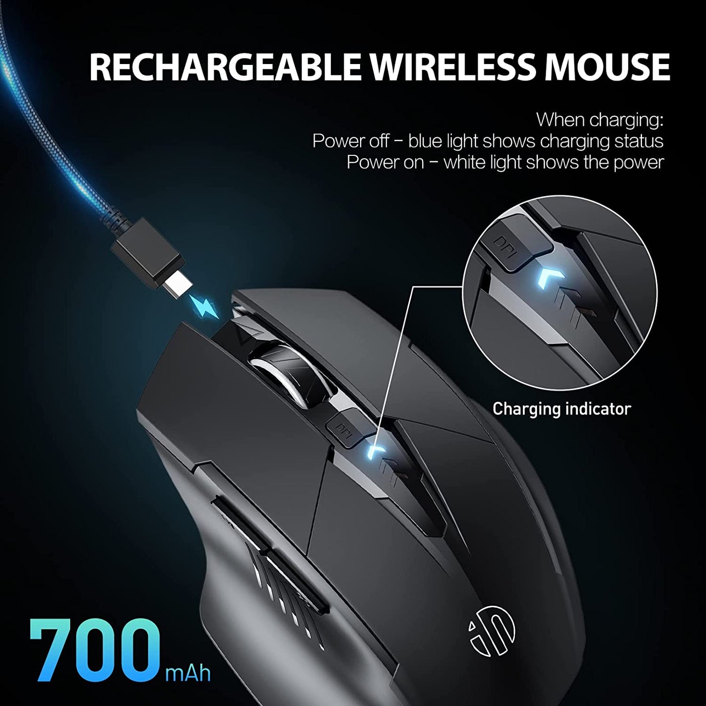 INPHIC Wireless Mouse Rechargeable, Ergonomic Silent Click USB 2.4G Cordless Mouse for Laptop PC Computer Tablets Windows Linux, 6 Buttons, 1600DPI 3 Adjustment Levels, Black