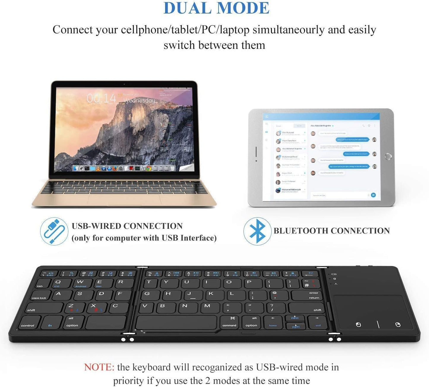 Seenda Foldable Keyboard, Wired & Bluetooth Keyboard with Touchpad, 3 Cables (USB/Micro USB/Type C) Compatible for PC Tablets Phones/Windows iOS Android Systems Black