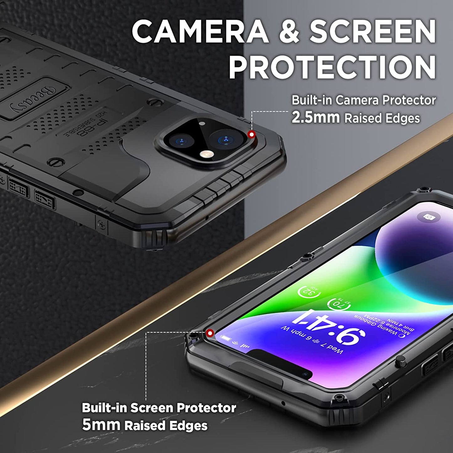 Beeasy for iPhone 14 Case Waterproof Heavy Duty Shockproof Tough Metal Armour Cover Dustproof Built-in Screen Protector, Robust 360 Full Body Military Protective Rugged Case for iPhone 14 6.1inch