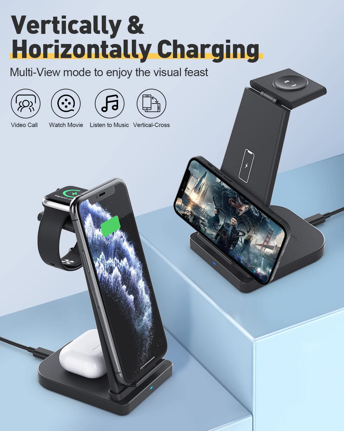 Wireless Charger, 3 in 1 Wireless Charging Station, 18 Watt Fast Wireless Charger Stand, Charging Station Dock for iPhone