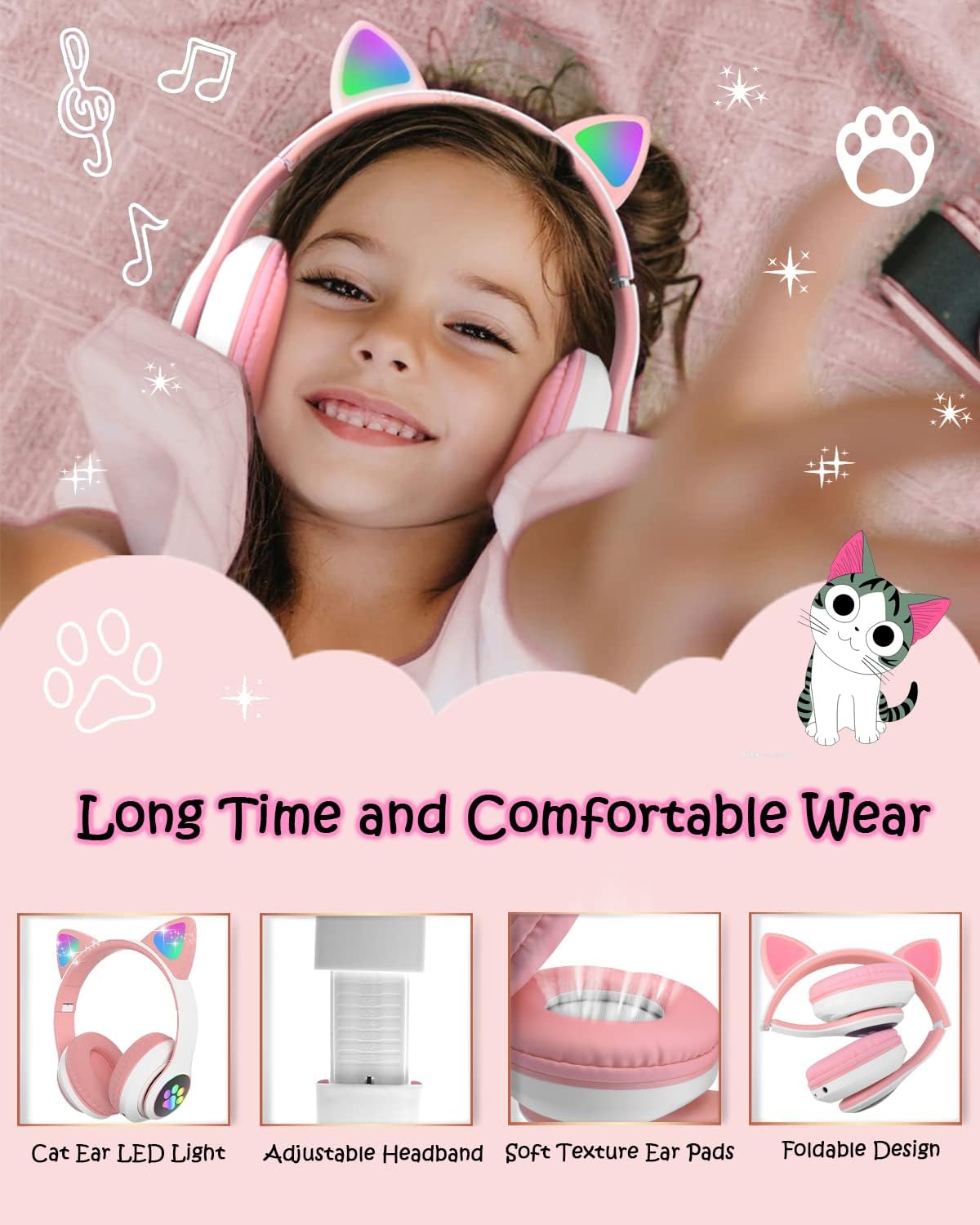 Megadream Wireless Headphones for Kids, Cat Ear Foldable Bluetooth Earphones Flashing LED Light Up Over Ear Headset with Microphone for iPhone/iPad/Tablet, for Girls Boys Gift Age 8+ (Black) (White Pink)