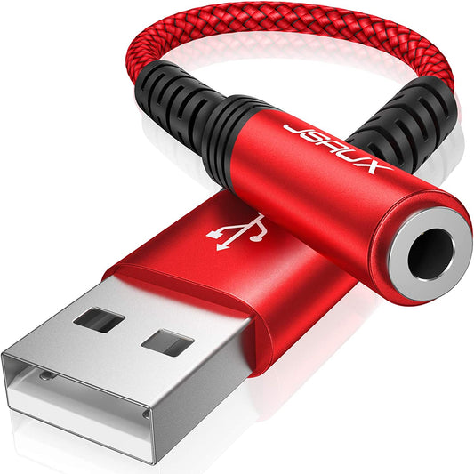 JSAUX USB to 3.5mm Jack Audio Adapter, TRRS 4-pole Stereo External USB Sound Card Aux Headset Microphone Converter with DAC Chip Compatible for Headphone Mac PS4 PC Laptop Desktops -Red