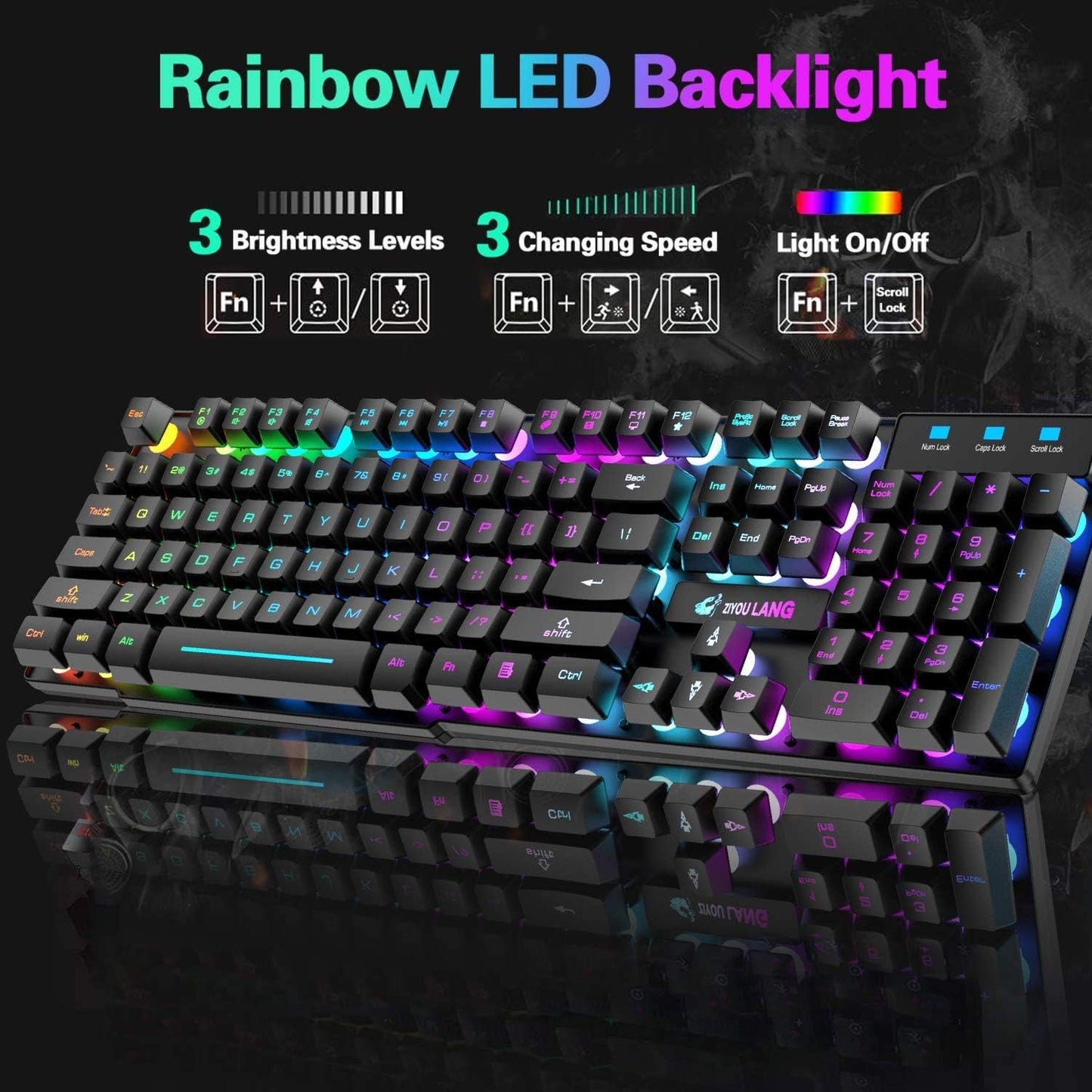 Wireless Keyboard Mouse Combo Rainbow Backlit 2.4G Rechargeable 3000mAh Battery 104 Keys Gaming Keyboard + 2400DPI 6 Buttons Optical Rainbow LED Gaming Wireless Mouse + Mouse Pads for PC Laptop