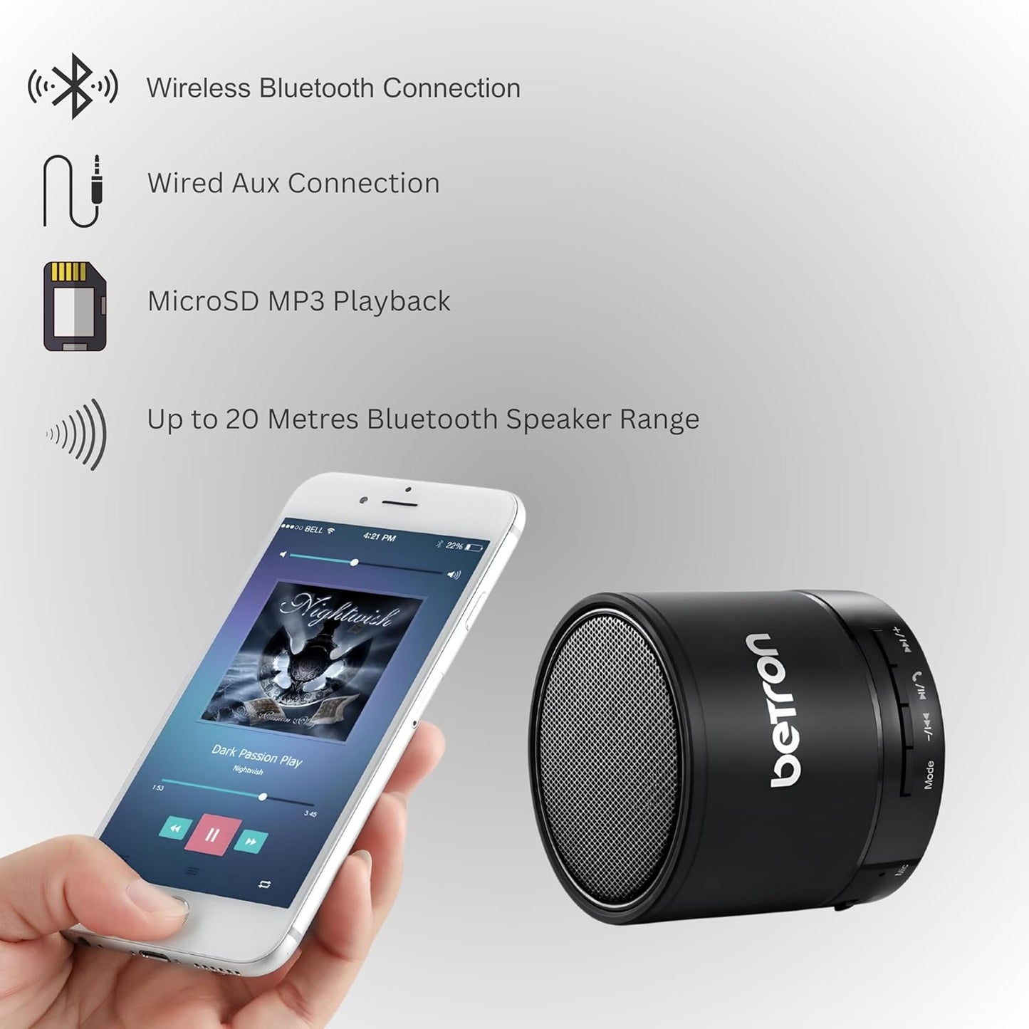 Betron KBS08 Bluetooth Speaker, Wireless, Portable, Mini, Black or Silver & Carry Case