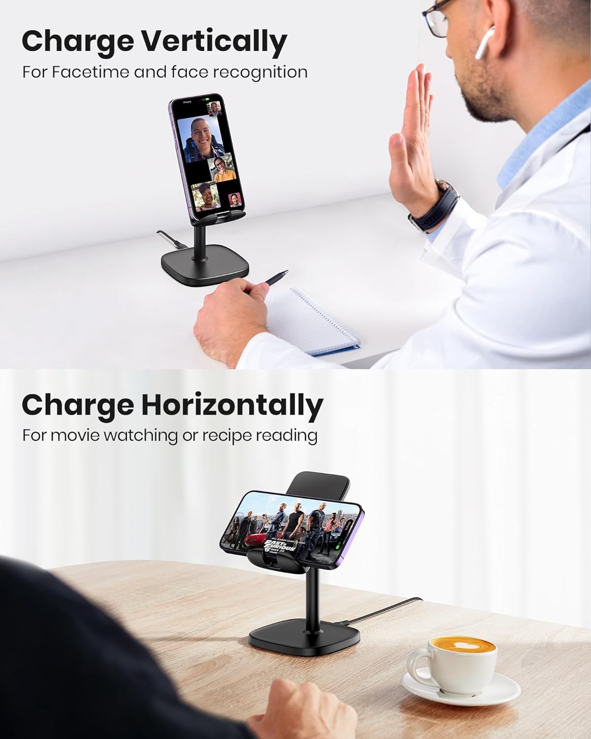 INIU Wireless Charger Phone Stand, 15W Fast Charge Adjustable Phone Desk Holder with Sleep-friendly Adaptive Indicator Wireless Charging Support For iPhone 14 13 12 11 Pro Max XR Samsung Google LG etc