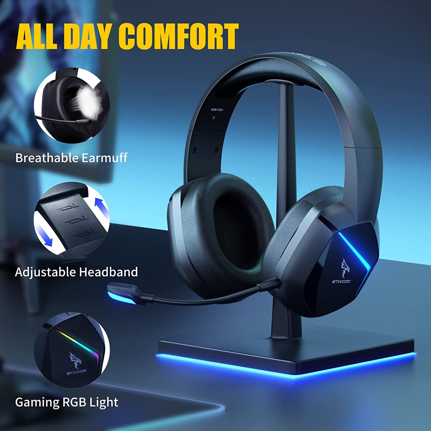 Wireless Gaming Headset 2.4G  for PS4, PS5, PC, with Detachable Mic and RGB Rainbow LED, Surround Sound, Bass, Over Ear Headphone with Game/Audio/Live Broadcast Sound Mode, Wireless/Wired Use SOMiC