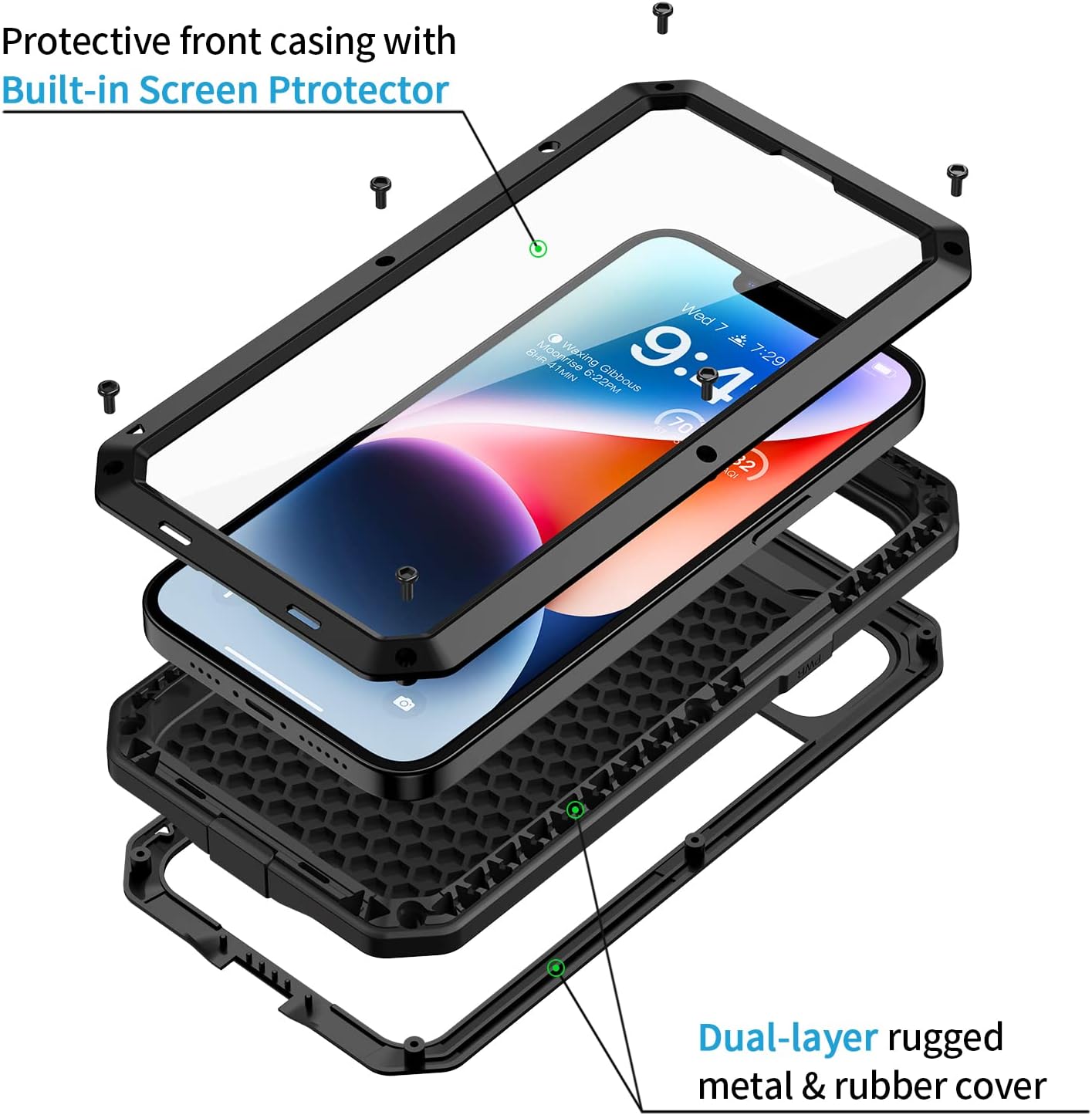 Lanhiem for iPhone 14 &amp; 14 Pro Case Heavy Duty Shockproof Cover Tough Armour Metal Case with [Tempered Glass Screen Film], 360 Full Body Protective Case Cover for iPhone 14 &amp; 14 Pro Case - Black