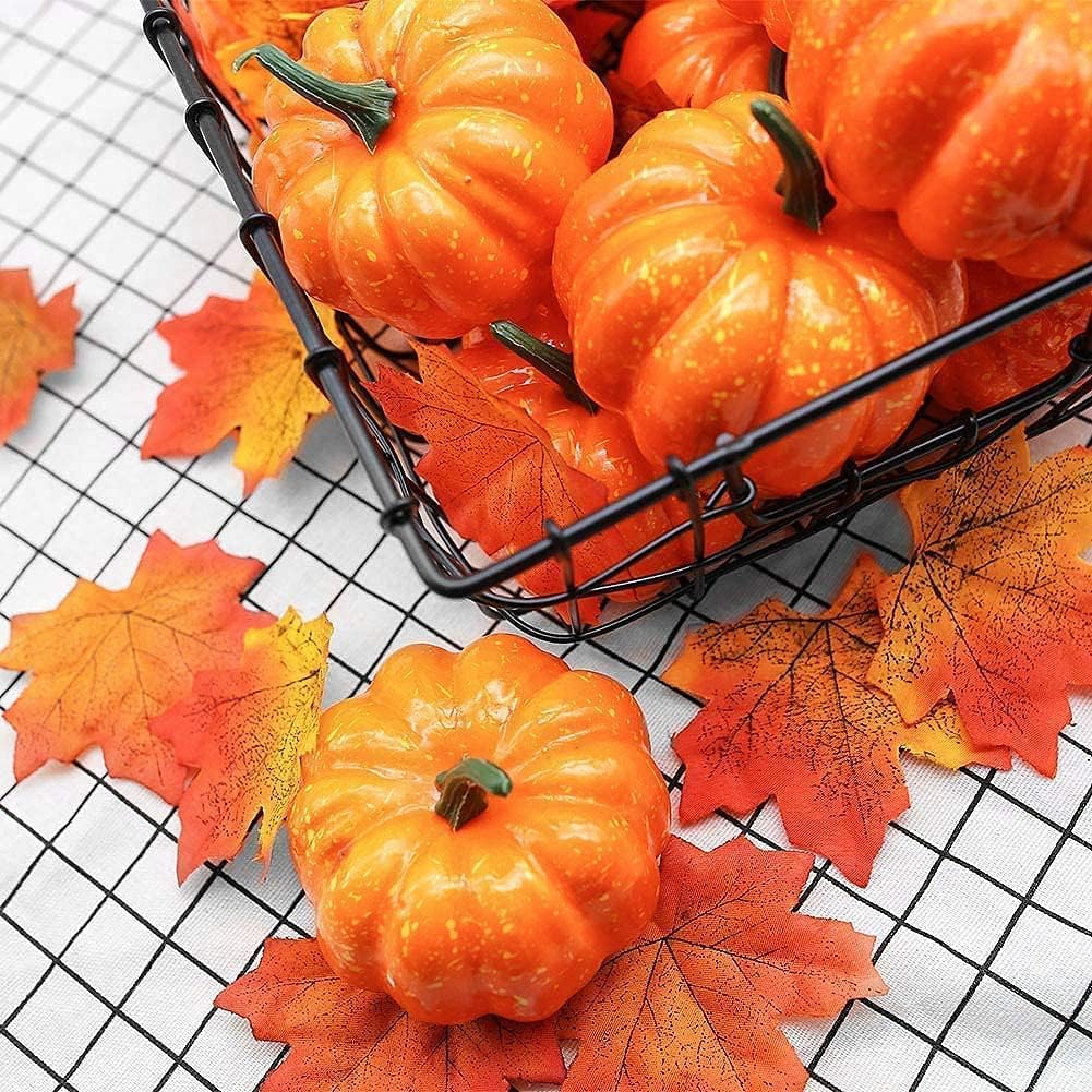 VGOODALL Halloween Pumpkins 32PCS Artificial Pumpkins Sets, 12PCS Mini Fake Pumpkins with 10PCS Lifelike Maple Leaves 10PCS LED Artificial Lights Garland Battery Operated Decoration Fairy Lights Faux Pumpkins for Decorating Fall Harvest Garland Halloween