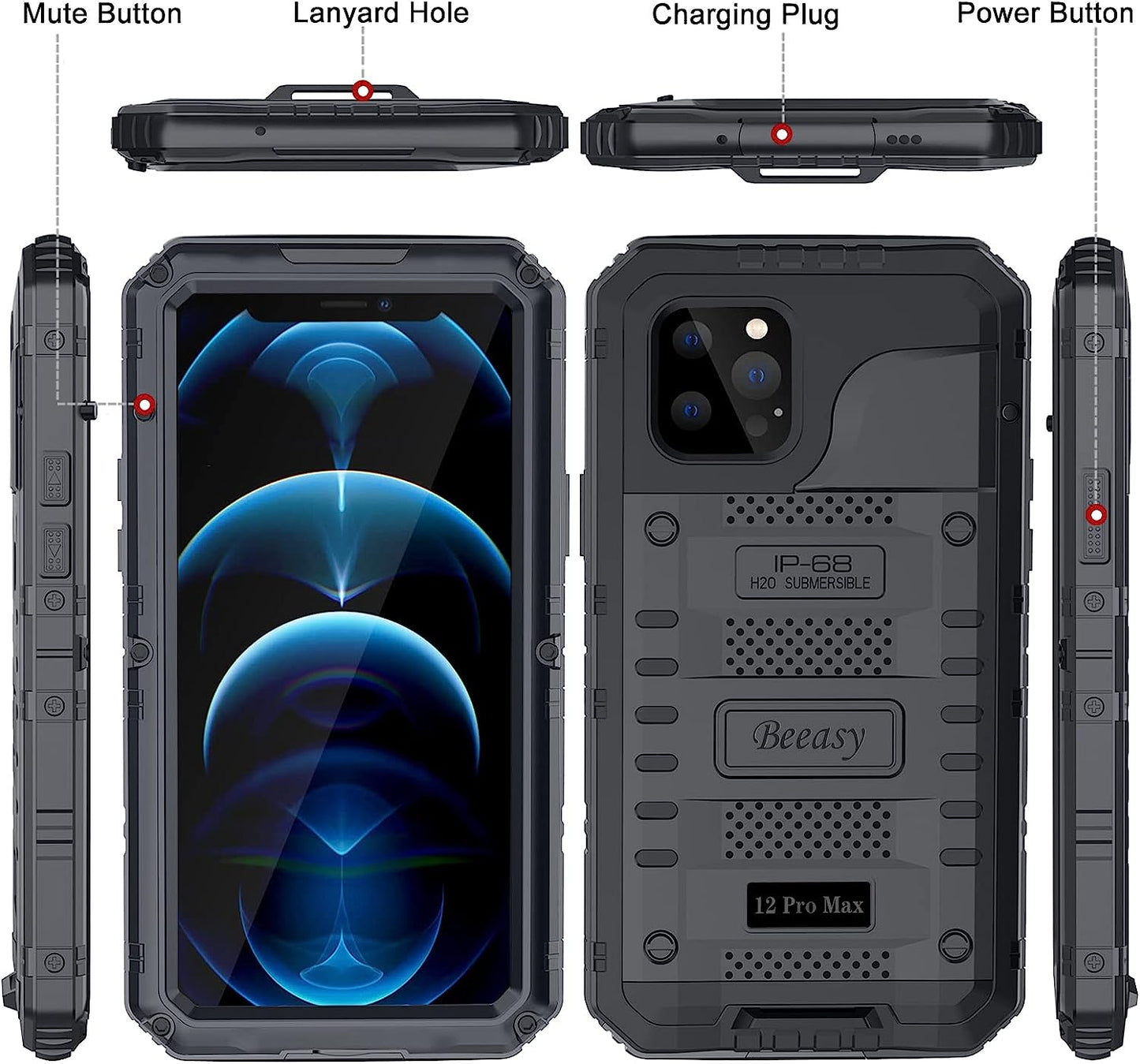 Beeasy for iPhone 12 Pro Max Case Waterproof Heavy Duty Shockproof Tough Metal Armour Cover Dustproof Built-in Screen Protector, 360 Full Body Military Protective Rugged Case for 12 Pro Max 6.7"