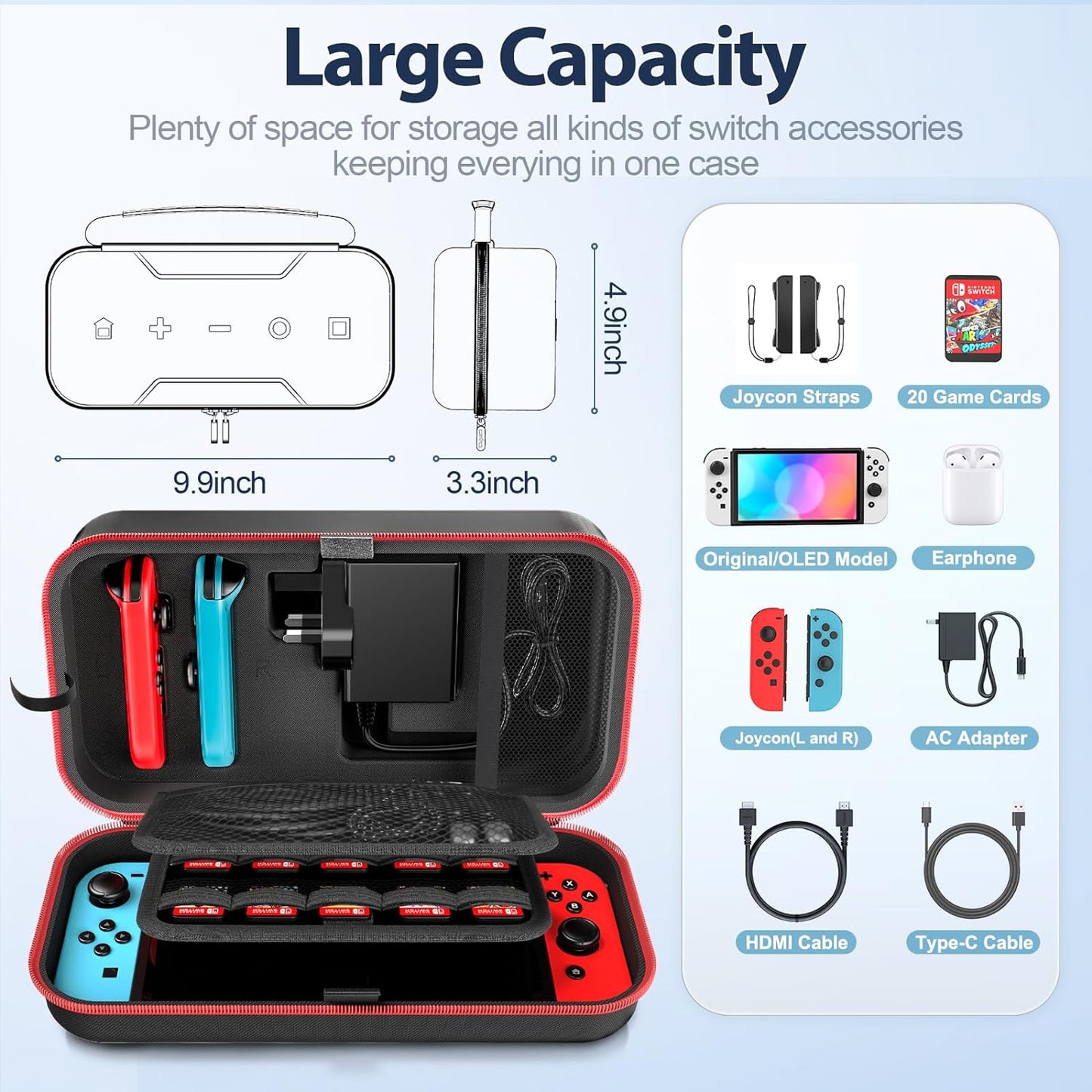 Switch OLED Carrying Case Compatible with Nintendo Switch/OLED Model, Portable Switch Travel Carry Case Fit for Joy-Con and Adapter, Hard Shell Protective Switch Pouch Case with 20 Games Holder, Red