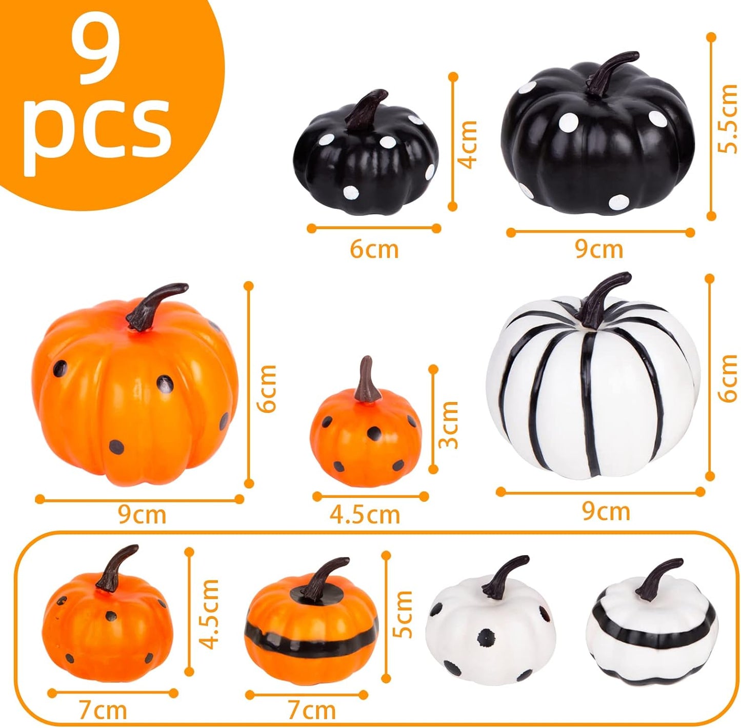 VGOODALL Halloween Pumpkins Decoration Sets, 9 PCS Dotted Black White Orange Pumpkins Halloween Party Packs Style for Office Home Bedroom Garland Table Yard Centrepieces Décor Gift