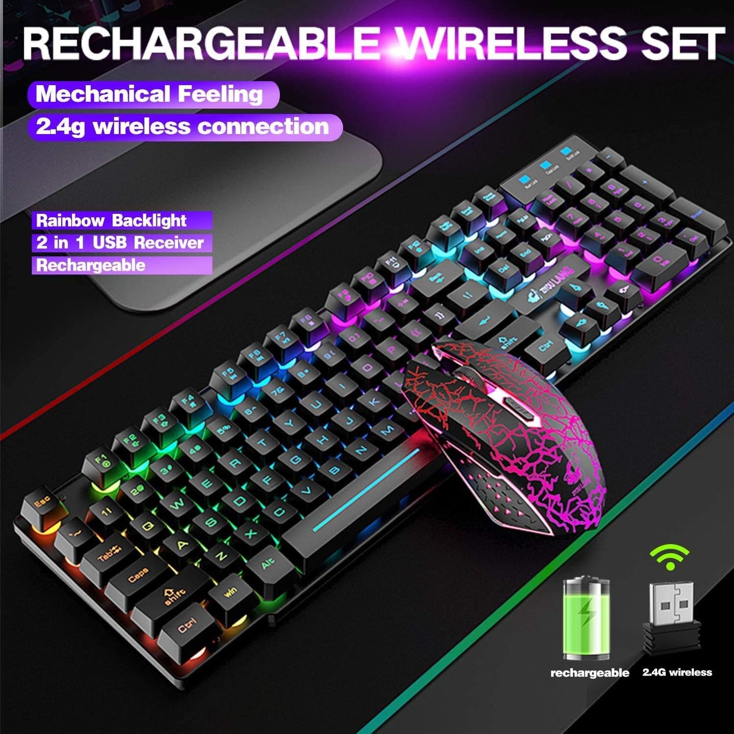 Wireless Keyboard Mouse Combo Rainbow Backlit 2.4G Rechargeable 3000mAh Battery 104 Keys Gaming Keyboard + 2400DPI 6 Buttons Optical Rainbow LED Gaming Wireless Mouse + Mouse Pads for PC Laptop