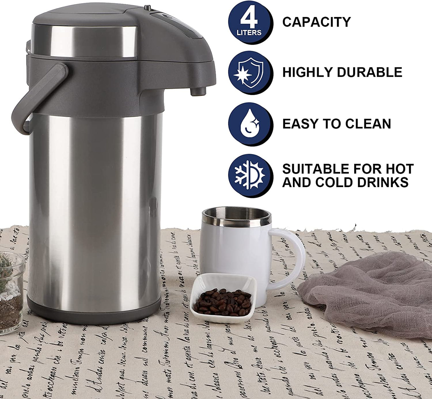 OKADI Coffee Flask - 4L Insulated Pump Action Airpot - Stainless Steel Vacuum Thermal Beverage Dispenser BPA Free Coffee Carafe