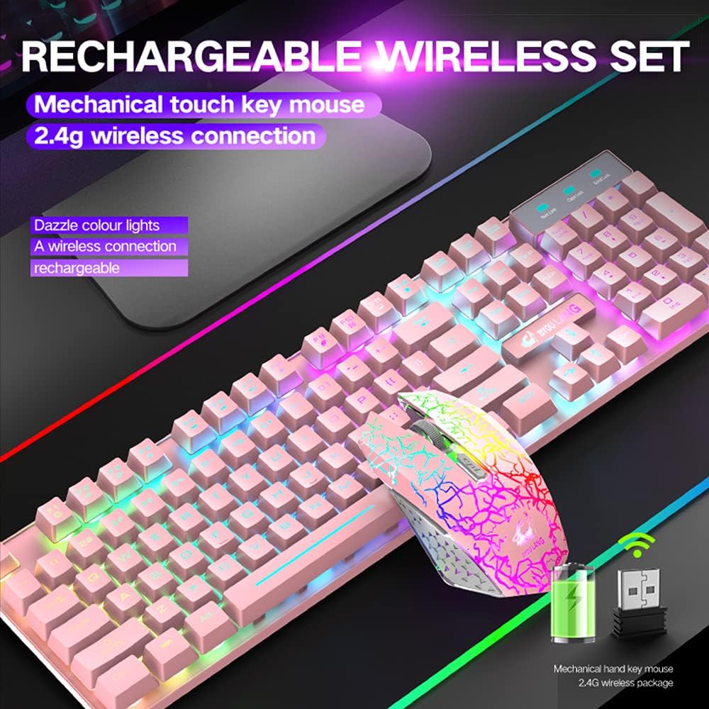 Wireless Keyboard Mouse Combo Rainbow Backlit 2.4G Rechargeable 3000mAh Battery 104 Keys Gaming Keyboard + 2400DPI 6 Buttons Optical Rainbow LED Gaming Wireless Mouse + Mouse Pads for PC Laptop