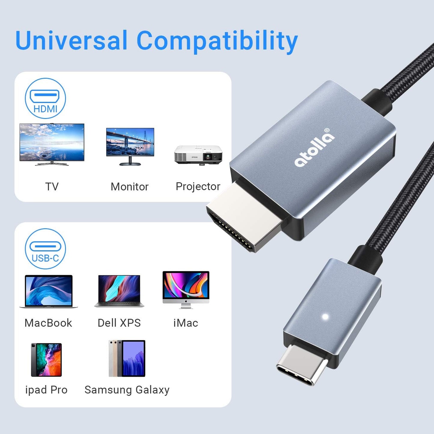 Atolla USB C to HDMI Cable, USB Type C(Thunderbolt 3) to HDMI 4K UHD Cable Compatible with MacBook Pro, MacBook Air, iPad Pro, Surface Pro 7, Samsung S20/S20 Pro, DELL XPS and More - 6ft/1.8m