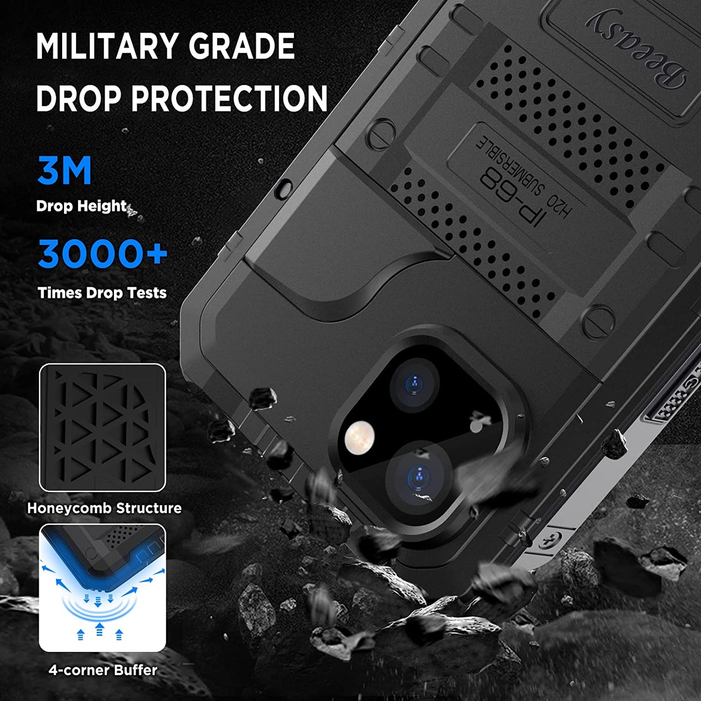 Beeasy for iPhone 14 Case Waterproof Heavy Duty Shockproof Tough Metal Armour Cover Dustproof Built-in Screen Protector, Robust 360 Full Body Military Protective Rugged Case for iPhone 14 6.1inch