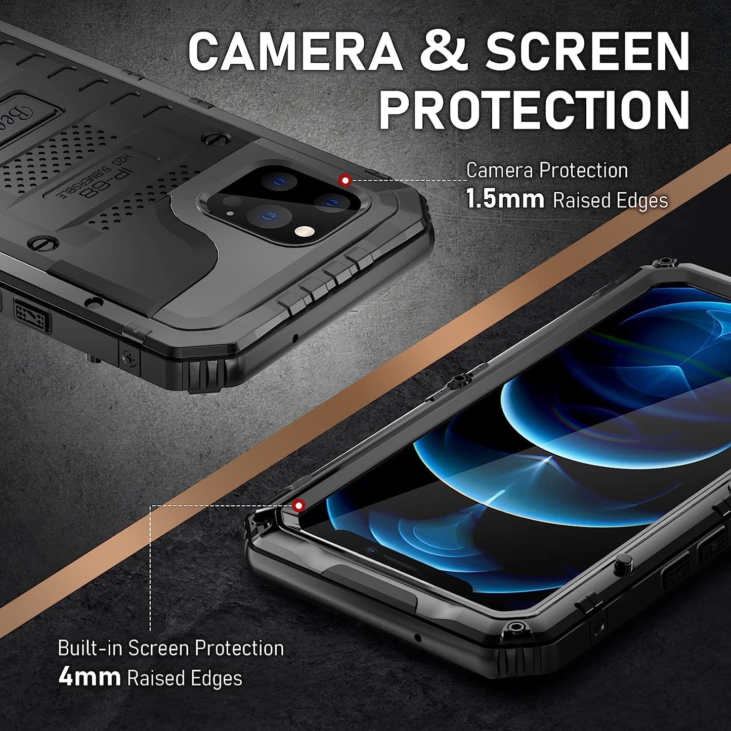 Beeasy for iPhone 12 Pro Max Case Waterproof Heavy Duty Shockproof Tough Metal Armour Cover Dustproof Built-in Screen Protector, 360 Full Body Military Protective Rugged Case for 12 Pro Max 6.7"