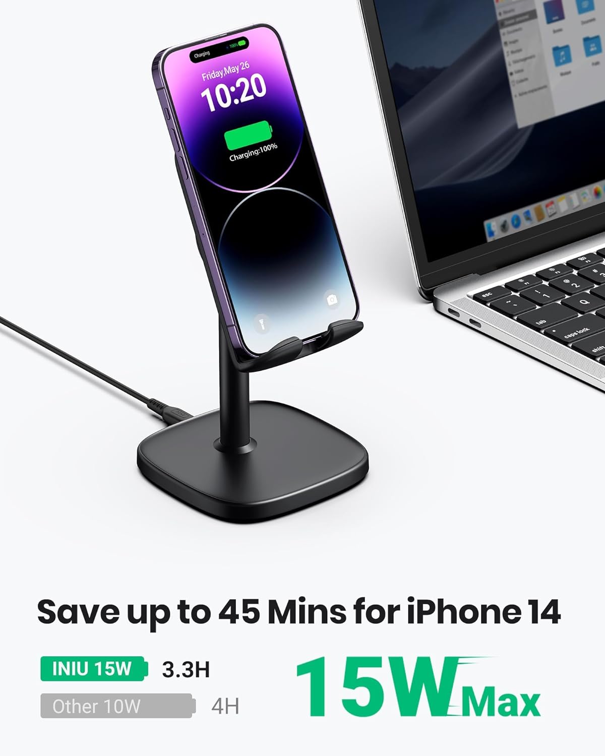 INIU Wireless Charger Phone Stand, 15W Fast Charge Adjustable Phone Desk Holder with Sleep-friendly Adaptive Indicator Wireless Charging Support For iPhone 14 13 12 11 Pro Max XR Samsung Google LG etc