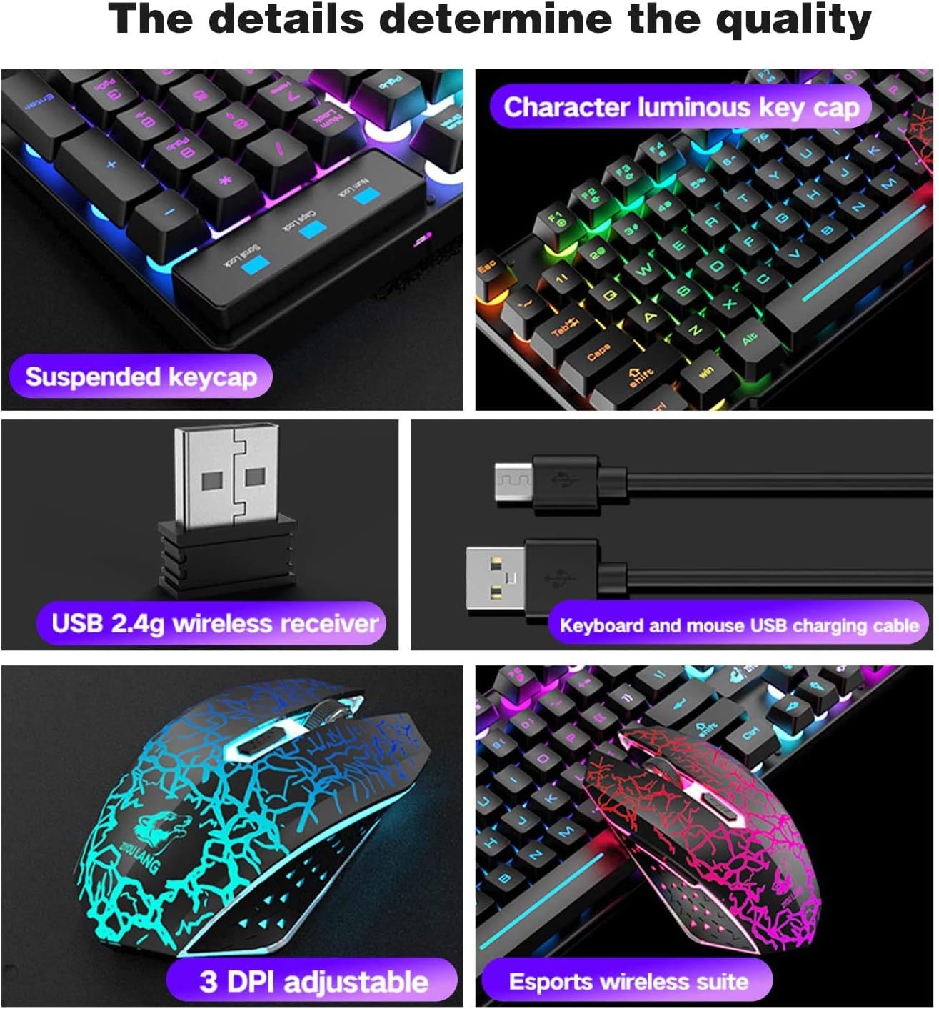 Wireless Keyboard Mouse Combo Rainbow Backlit 2.4G Rechargeable 3000mAh Battery 104 Keys Gaming Keyboard + 2400DPI 6 Buttons Optical Rainbow LED Gaming Wireless Mouse + Mouse Pads for PC Laptop