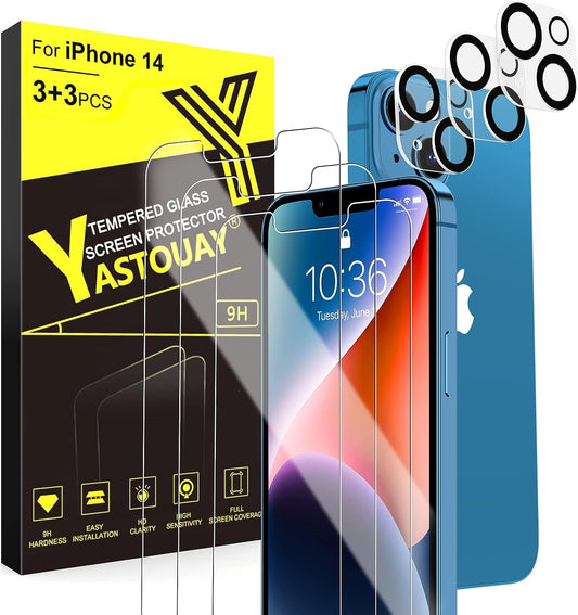 Yastouay 3+3 Pack iPhone 14 Screen Protector 6.1-Inch, 3 x Tempered Glass, 3 x Camera Lens Protector, Easy Install, HD-Clear, Bubble Free, Case-Friendly, Full-Coverage, 9H Hardness, Anti-Scratch