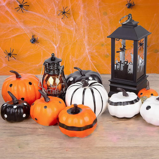 VGOODALL Halloween Pumpkins Decoration Sets, 9 PCS Dotted Black White Orange Pumpkins Halloween Party Packs Style for Office Home Bedroom Garland Table Yard Centrepieces Décor Gift