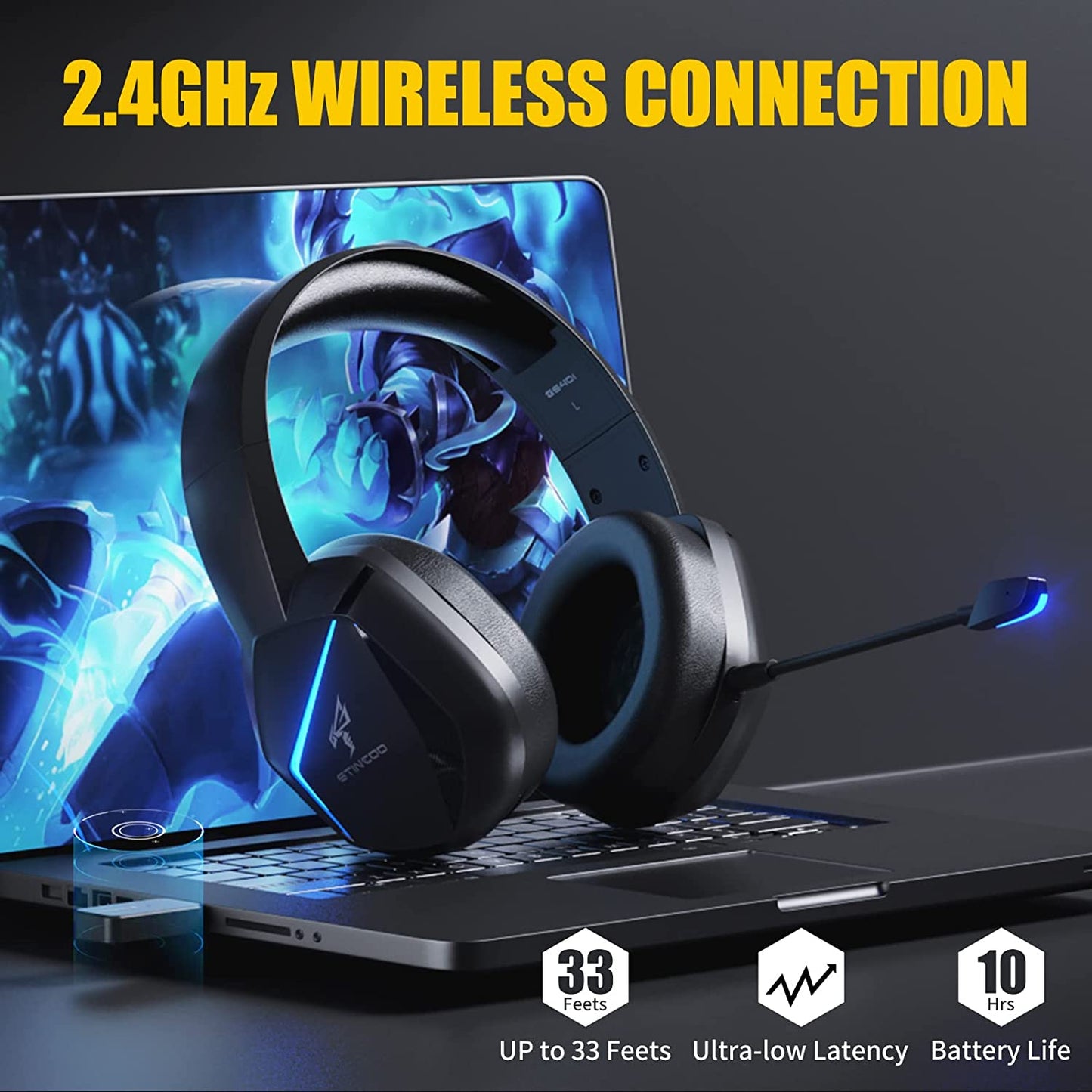 Wireless Gaming Headset 2.4G  for PS4, PS5, PC, with Detachable Mic and RGB Rainbow LED, Surround Sound, Bass, Over Ear Headphone with Game/Audio/Live Broadcast Sound Mode, Wireless/Wired Use SOMiC