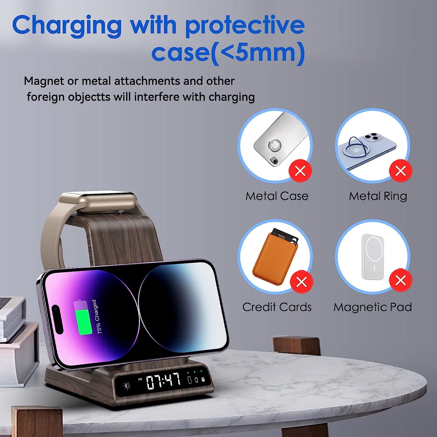 Wireless Charger, 3 in 1 Wireless Charging Station with Clock for iPhone 14 Pro Max 13 12 Pro, Apple Watch Charger Stand for iWatch