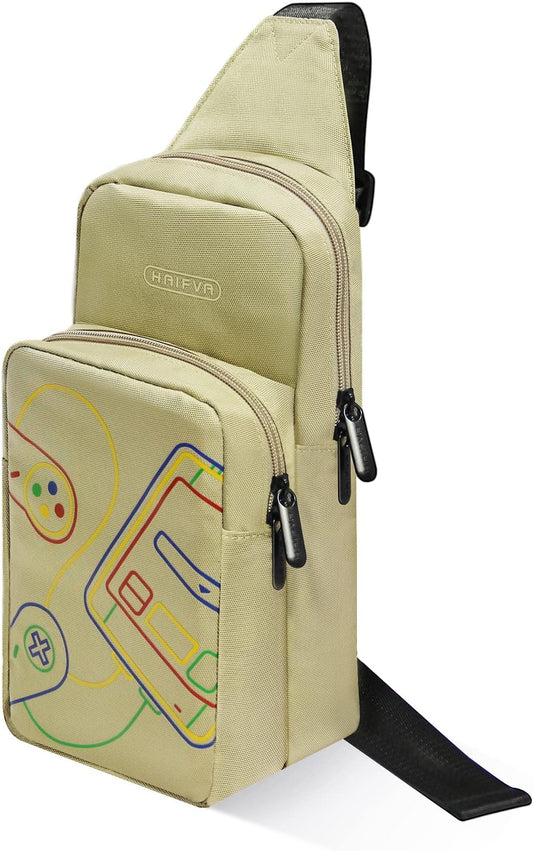 AKNES Switch Travel Bag, Portable Switch Shoulder Bag Compatible with Switch/Switch OLED Console & Accessories, Classic SNES Switch Case Bag Sling Bag Crossbody Backpack for Adult and Kids (Gold）