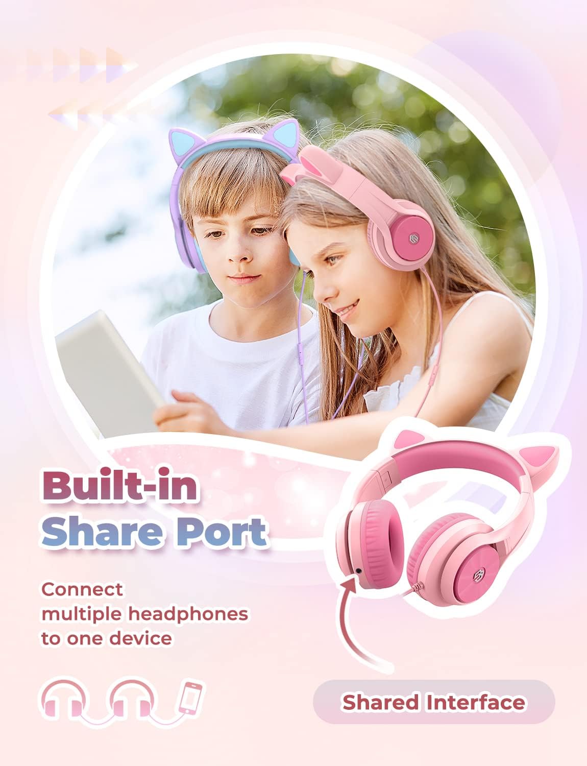 iClever Kids Headphones with Microphone, Cat Ear Led Light Up, HS20 Wired Headphones Share port 94dB Volume Limited, Foldable