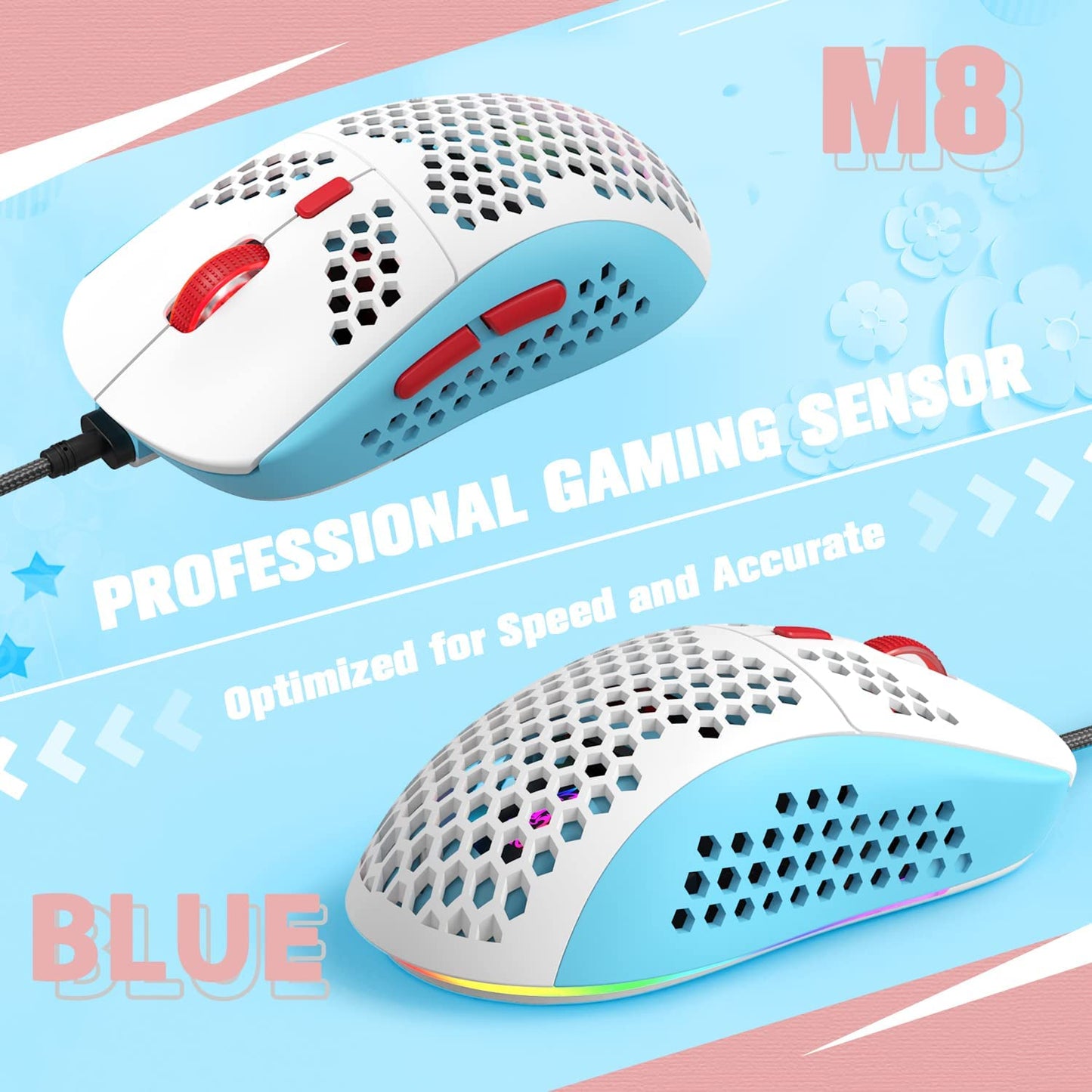 KUIYN 383 PRO M8 Ultralight Wired Gaming Mouse, Lightweight Honeycomb Shell, 6 RGB Breathing Backlit Mice, 6 Adjustable DPI 6400, USB Optical Model Aerox Mice