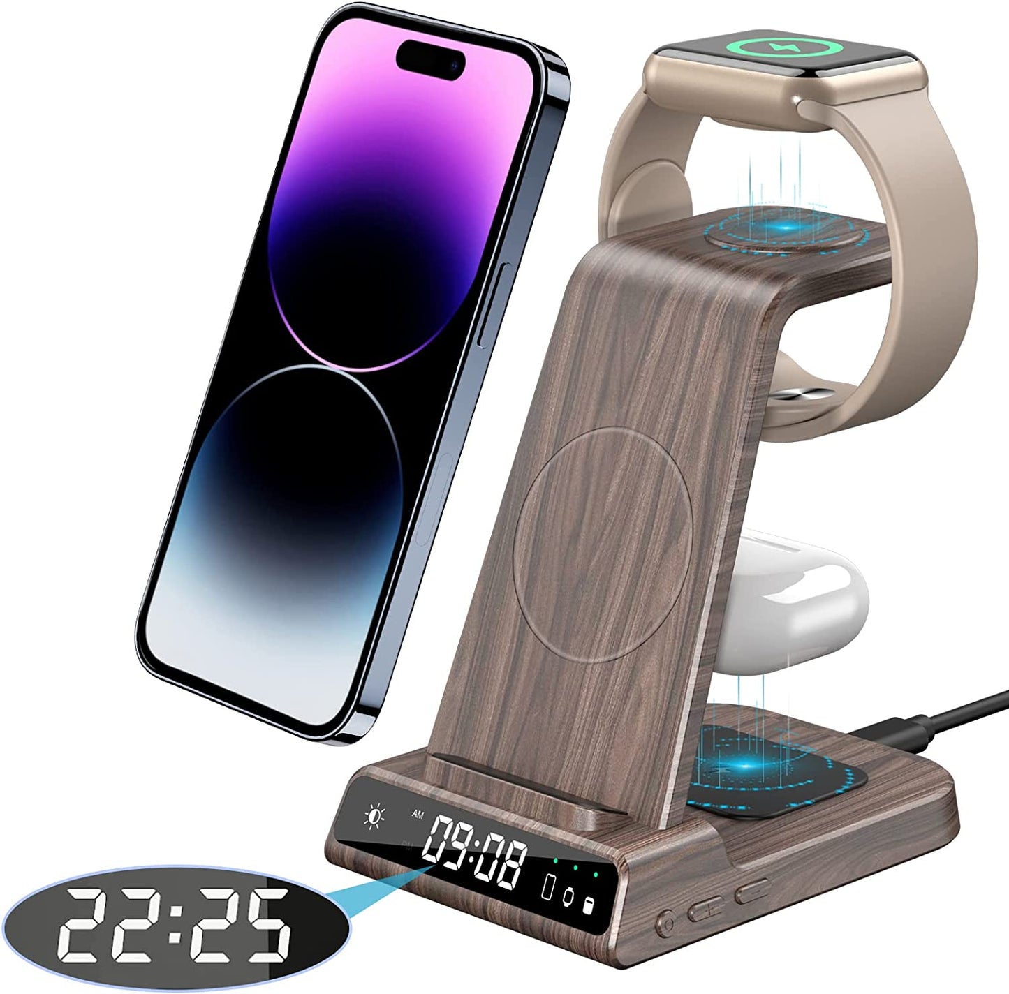 Wireless Charger, 3 in 1 Wireless Charging Station with Clock for iPhone 14 Pro Max 13 12 Pro, Apple Watch Charger Stand for iWatch