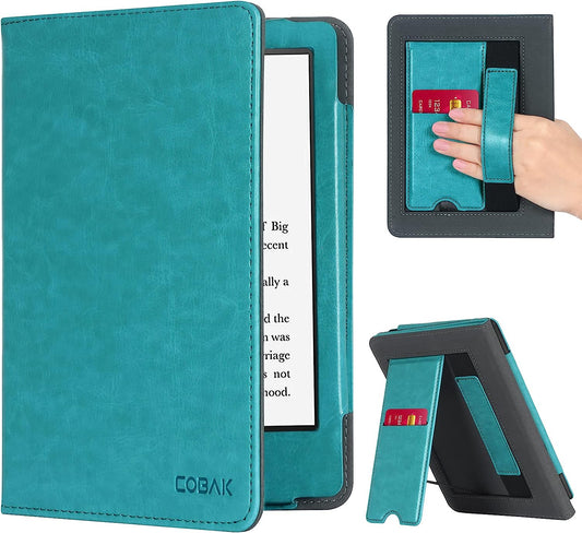 CoBak Kindle Paperwhite Case with Stand - Durable PU Leather Cover with Auto Sleep Wake, Card Slot, Hand Strap Fits Kindle Paperwhite 11th 6.8" and Signature Edition 2021, Sky Blue or Navy Blue